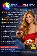 Stallion IPTV advertisement with happy viewer.webp